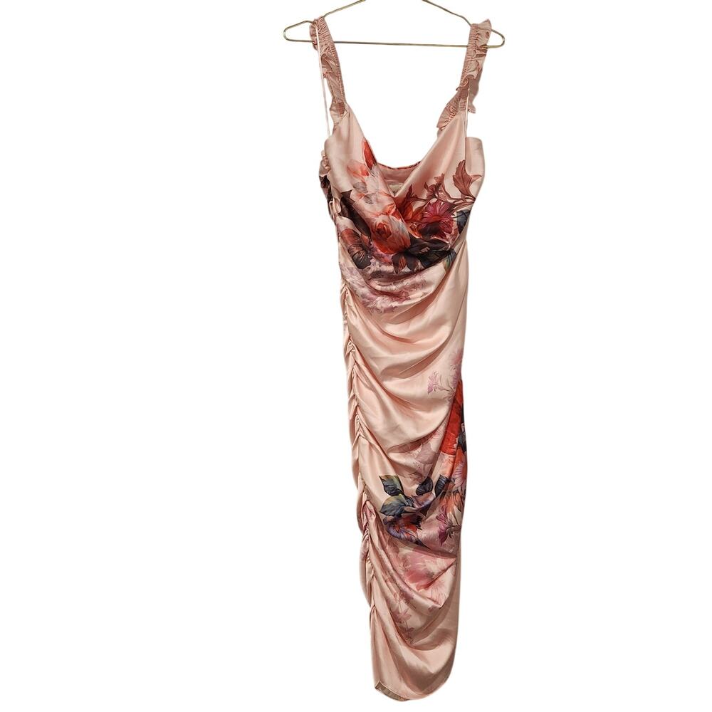 BHLDN Callie Sleeveless Ruched Printed Charmeuse pink Midi Dress - Picture 5 of 11